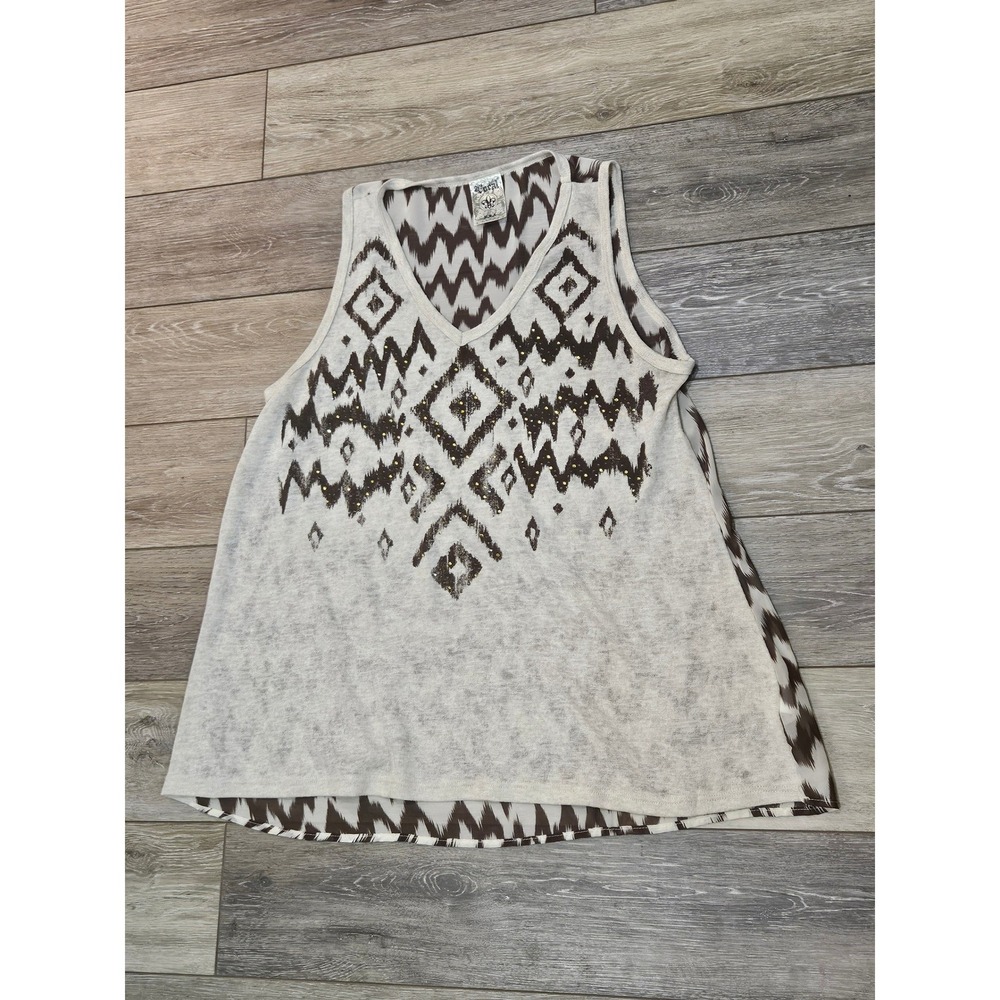 Vocal USA Sleeveless Tank Top Medium Brown Cream Geometric Chevron Rhinestone